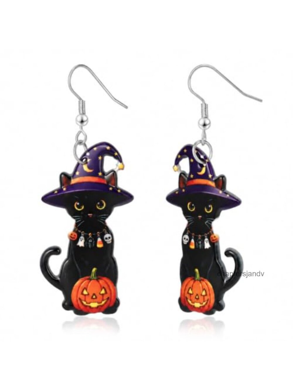 Halloween Black Cat Witch Hat Dangle Earrings Acrylic Lever Back